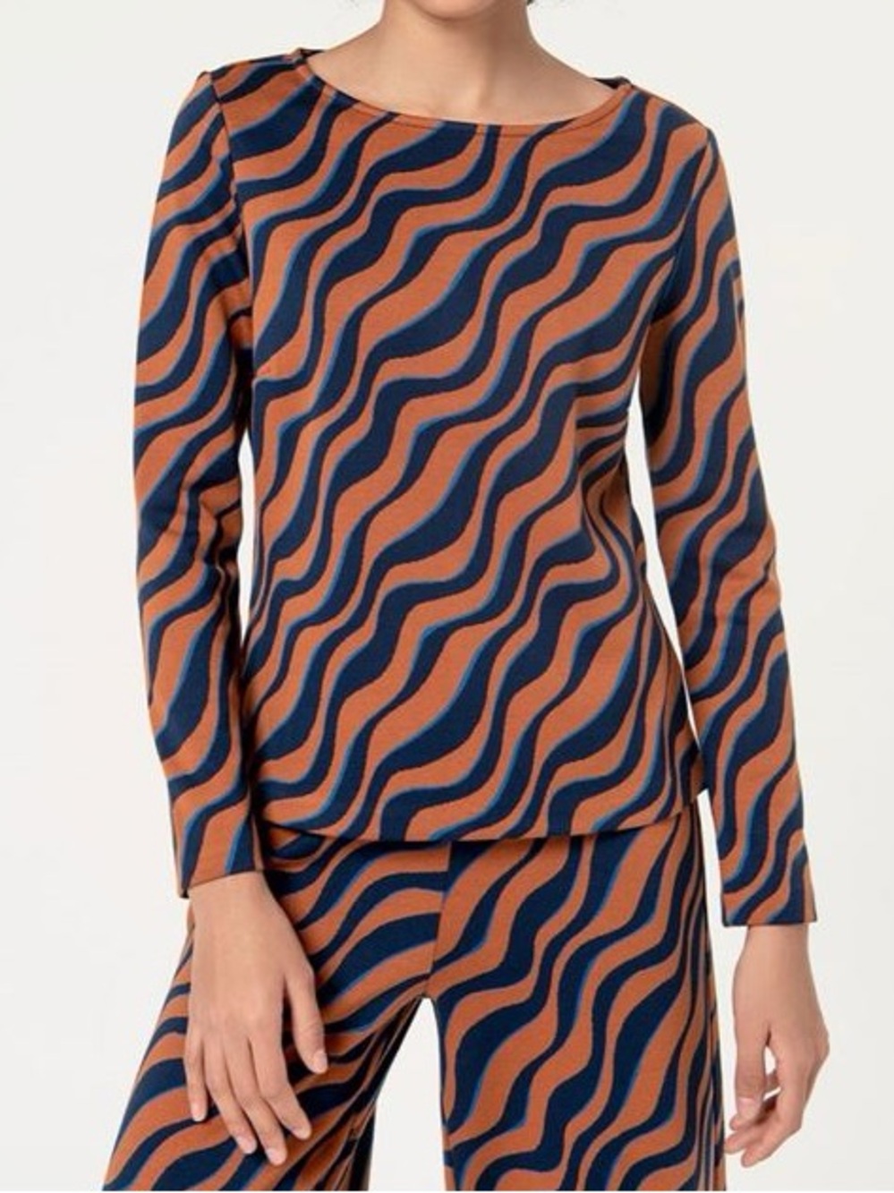SURKANA Matching Set Wide Leg Pants & Top Retro Print Burnt Orange & Navy Size S